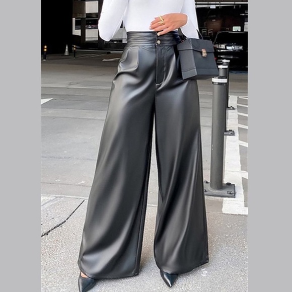 Pants - Black High Waisted Faux Leather Palazzo Pants (S)